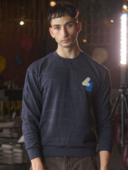 Odette - Franco Navy Blue Cotton Rib Textured Sweatshirt for Men