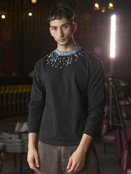 Odette - Franco Black Cotton Jersey Printed Sweatshirt for Men