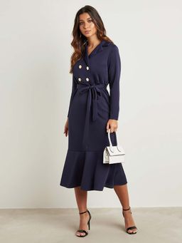Styli - Blue Solid Collared Frill Hem A-line Midi Dress With Zip Closure