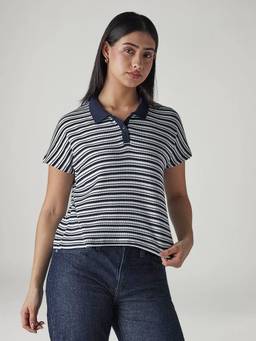 Levi's - Women Navy Blue Stripes Cotton Polo T-Shirt