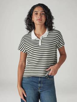Levi's - Women Off White Stripes Cotton Polo T-Shirt