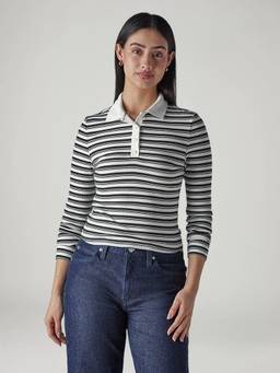 Levi's - Women Black Stripes Cotton Polo T-Shirt