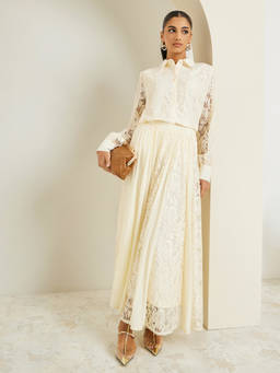Styli - Women Off White Self Design Polyester Top with Skirt