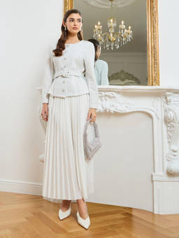 Styli - Women Off White Solid/Plain Polyester Blend Top and Skirt with Belt