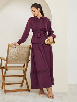 Styli - Women Burgundy Embroidered Polyester Shirt with Skirt