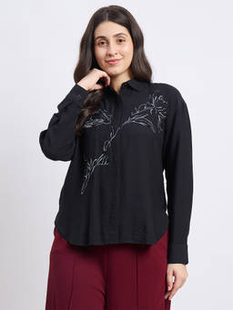 Madame - Women Black Embroidered Rayon Shirt
