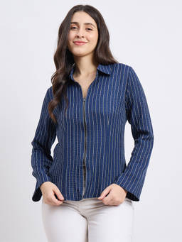 Madame - Women Navy Blue Stripes Polyester Shirt