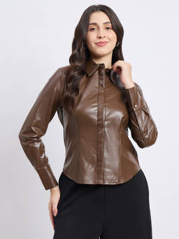 Madame - Women Brown Solid/Plain Pu Shirt
