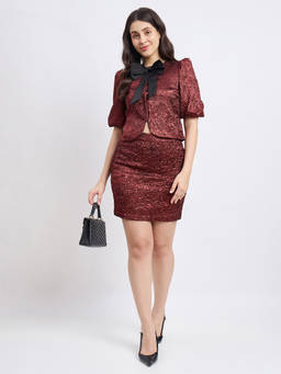 Madame - Women Maroon Self Design Polyester Co-Ord Set