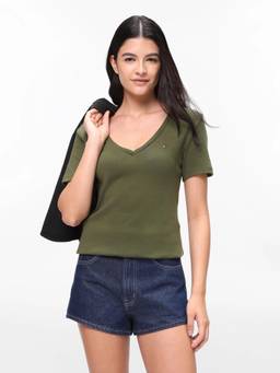 Tommy Hilfiger - Women Olive Solid/Plain Cotton T-Shirt