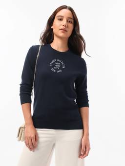 Tommy Hilfiger - Women Navy Blue Typography Cotton Sweater