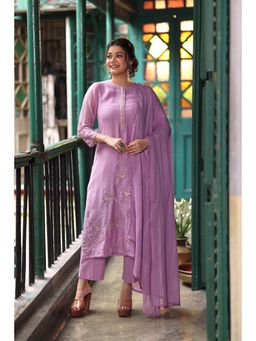 Sutra Art of Clothing - Lavender Purple Mul Chanderi Embroidered Kurta with Pants and Dupatta