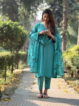 The Hemming Bird - Soft Teal Cotton Kurta with Pant and Dupatta