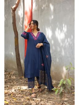 The Hemming Bird - Indigo Breeze Hand Block Printed Cotton Kurta with Pant and Dupatta