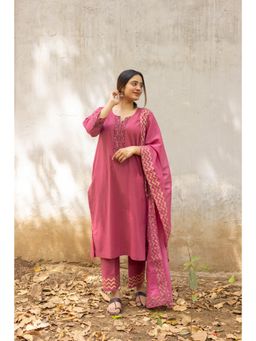 The Hemming Bird - Rose Pink Hand Block Printed Cotton Kurta with Pant and Dupatta