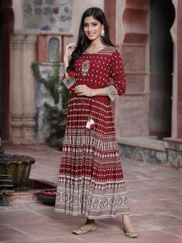 Juniper - Maroon Rayon Printed Flared Dress (Set of 2)