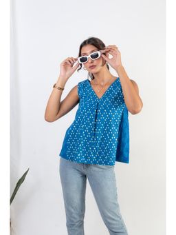 UNDYED - Iris Blue Handblock Print X Chikankari Top