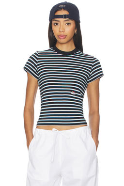 HOMMEgirls - X Fruit Of The Loom Striped Baby Tee in Baby Blue With Printed Fruit Clusters