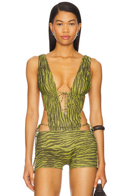 Indah - Heart Of Gold Skimpy Printed Deep V Open Back Bodysuit