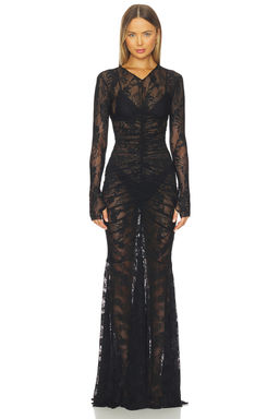 Norma Kamali - Long Sleeve V Neck Shirred Front Fishtail Gown