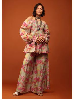 KALKI FASHION - Green Print Top and Palazzo in Crepe with Off Shoulder Neckline (Set of 2)