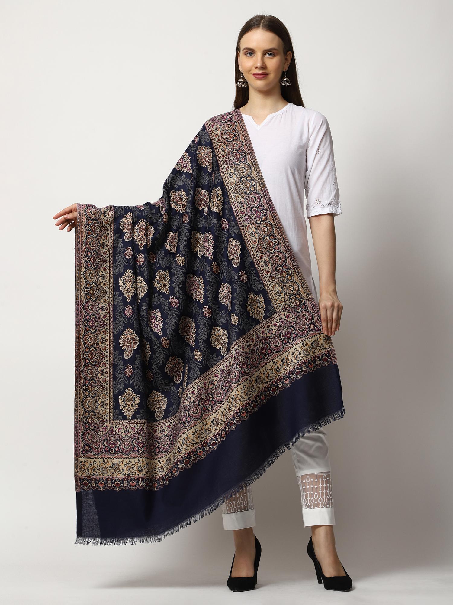Womens Navy Blue Kashmiri Kani Wool Shawl-image-16