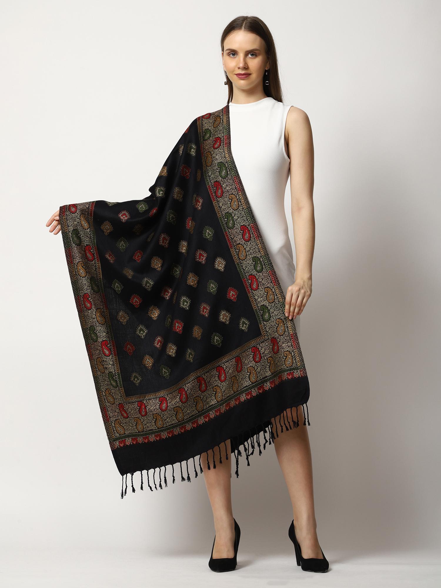 swi stylish Womens Black Kashmiri Jamawar Woven Wool Stole-picture-20