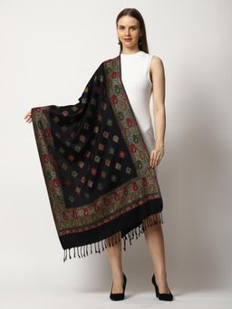 SWI STYLISH - Womens Black Kashmiri Jamawar Woven Wool Stole