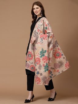 SWI STYLISH - Womens Light Beige Printed Aari Embroidery Wool Shawl