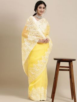 Vastranand - Yellow Floral Embroidered Organza Saree with Unstitched Blouse