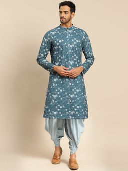 KISAH - Men Turqouise Blue Printed, Textured Cotton Blend Kurta Dhoti Set with Thread Work