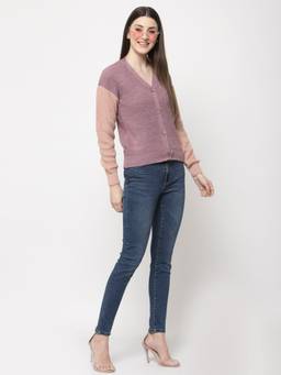 Club York - Women Mauve Pink Colourblocked Cardigan Sweater