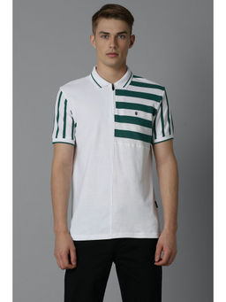 Louis Philippe - Men White Stripes Polo Neck T-Shirt