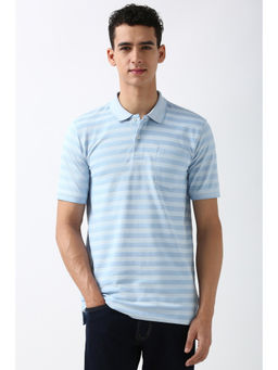 Peter England - Men Blue Stripe Polo Neck Polo T-Shirt