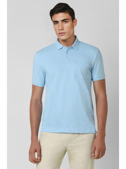 Van Heusen - Men Blue Solid Polo Neck T-Shirt