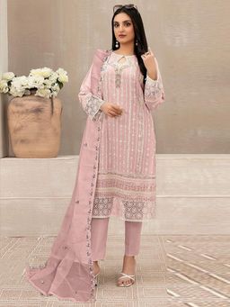 Odette - Pink Georgette Embroidered Semi Stitched Kurta with Pant and Dupatta (Set of 3)