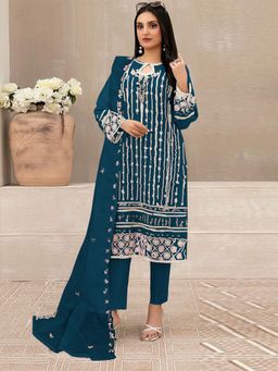 Odette - Teal Georgette Embroidered Semi Stitched Kurta with Pant and Dupatta (Set of 3)