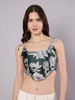 AMAGYAA - Green Floral Poly-Jacquard Bustier with Tassel Accents