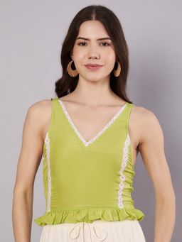AMAGYAA - Green V-Neck Cotton-Linen Top
