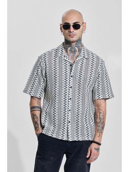 Snitch - Off White Printed Oversized Fit Crochet Shirt