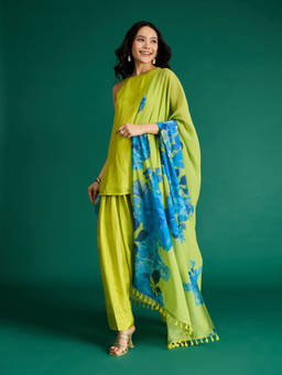 Gajra Gang - Lime Green Silk Kurta Salwar & Embellished Dupatta (Set of 3)