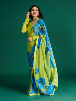 Gajra Gang - Lime Green Georgette Printed Saree without Blouse Citrus Sorbet