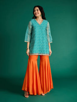 Gajra Gang - Turquoise Organza Leheriya Kurta & Crepe Sharara Vibe Tribe (Set of 2)