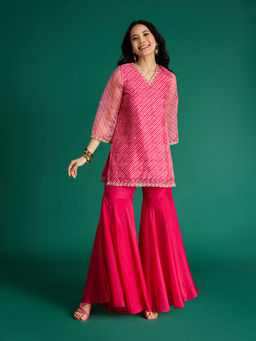 Gajra Gang - Fuchsia Pink Organza Leheriya Kurta & Crepe Sharara Vibe Tribe (Set of 2)