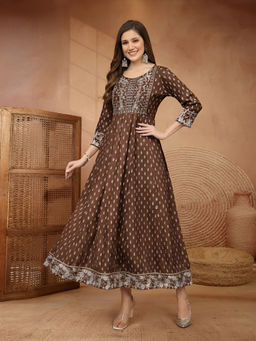 Stylum - Brown Embroidered Round Neck Dress