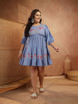 Stylum - Blue Embroidered Round Neck Dress