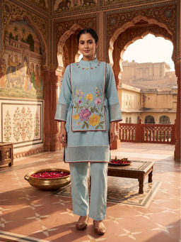 Autumnlane - Aqua Embroidered Mandarin Neck Co-ord Set