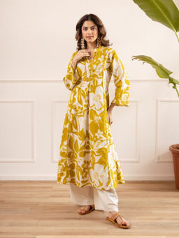 Autumnlane - Yellow Printed Mandarin Neck Kurta & Palazzo