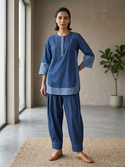 Autumnlane - Blue Solid/Plain Round Neck Co-ord Set