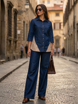 Autumnlane - Blue Solid/Plain Collar Neck Co-ord Set